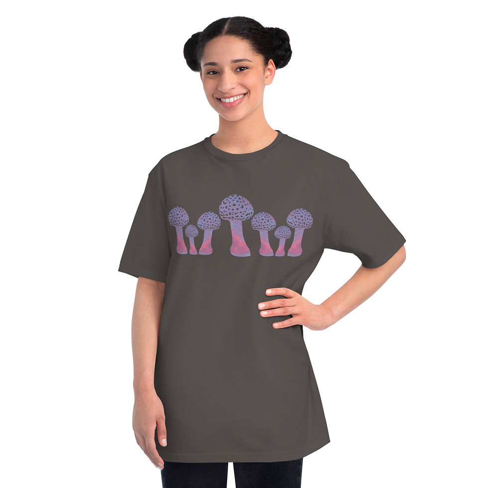 Thumbnail: organic cotton unisex adult t-shirt with vibrant toadstool design coloured by authentic photos of nature