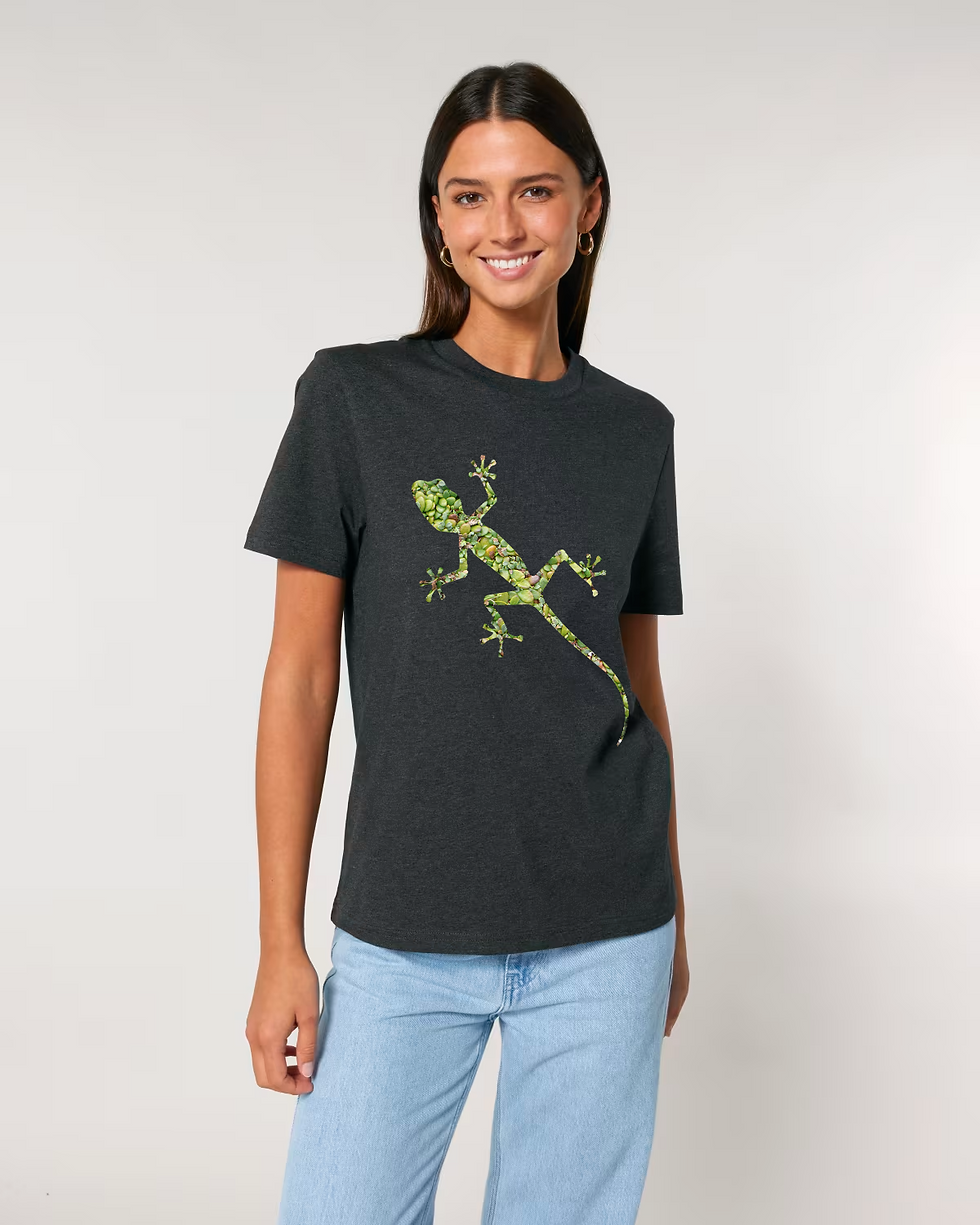 Thumbnail: organic cotton unisex adult t-shirt with vibrant gecko graphic coloured by a real photo of nature
