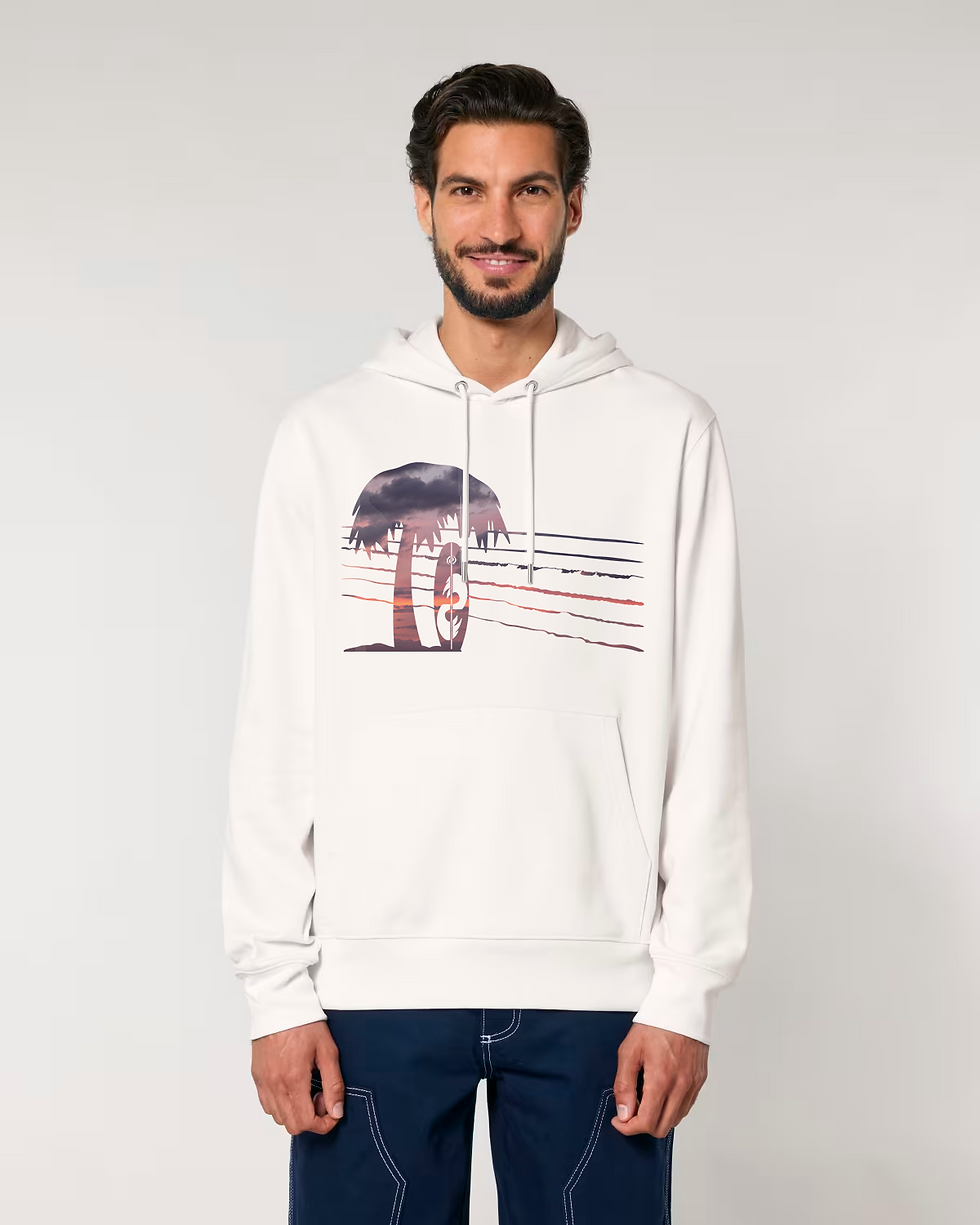 Thumbnail: Organic cotton adult hoodie with Surfboard & Palm Tree tropical summer graphic coloured by a photo of nature