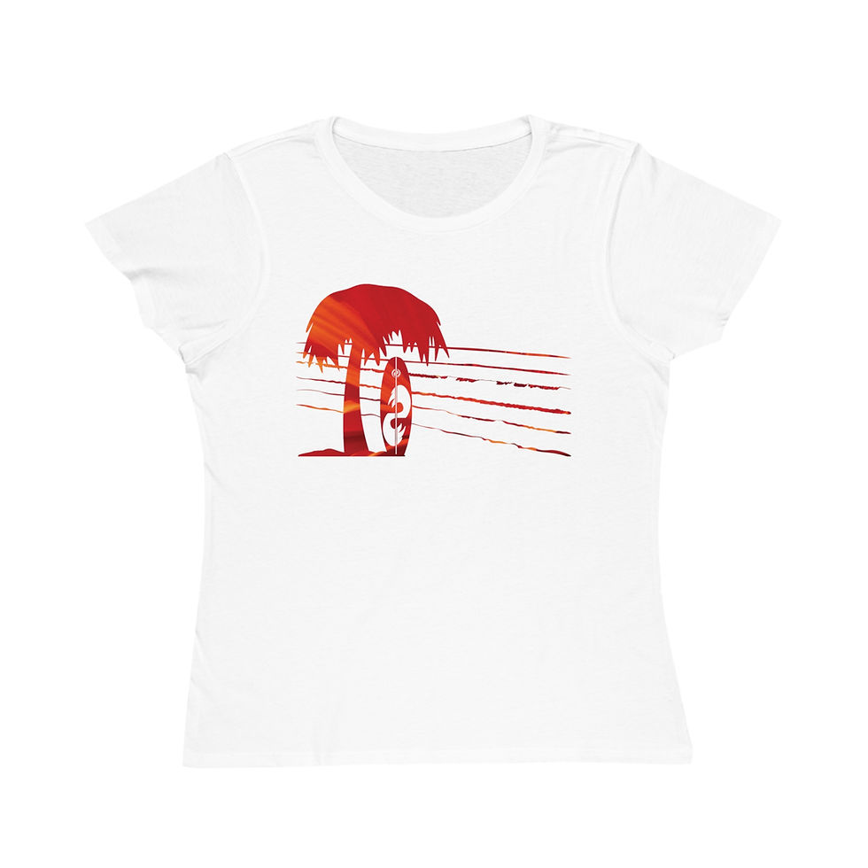 Thumbnail: organic cotton women's t-shirt with tropical summer surfboard graphic coloured by a photo of nature