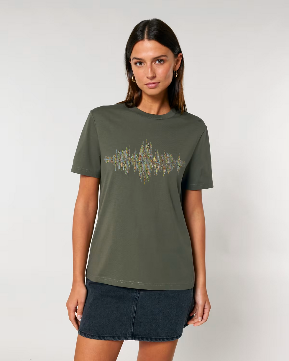 organic cotton unisex adult t-shirt with vibrant music soundwave graphic coloured by unfiltered photos of nature