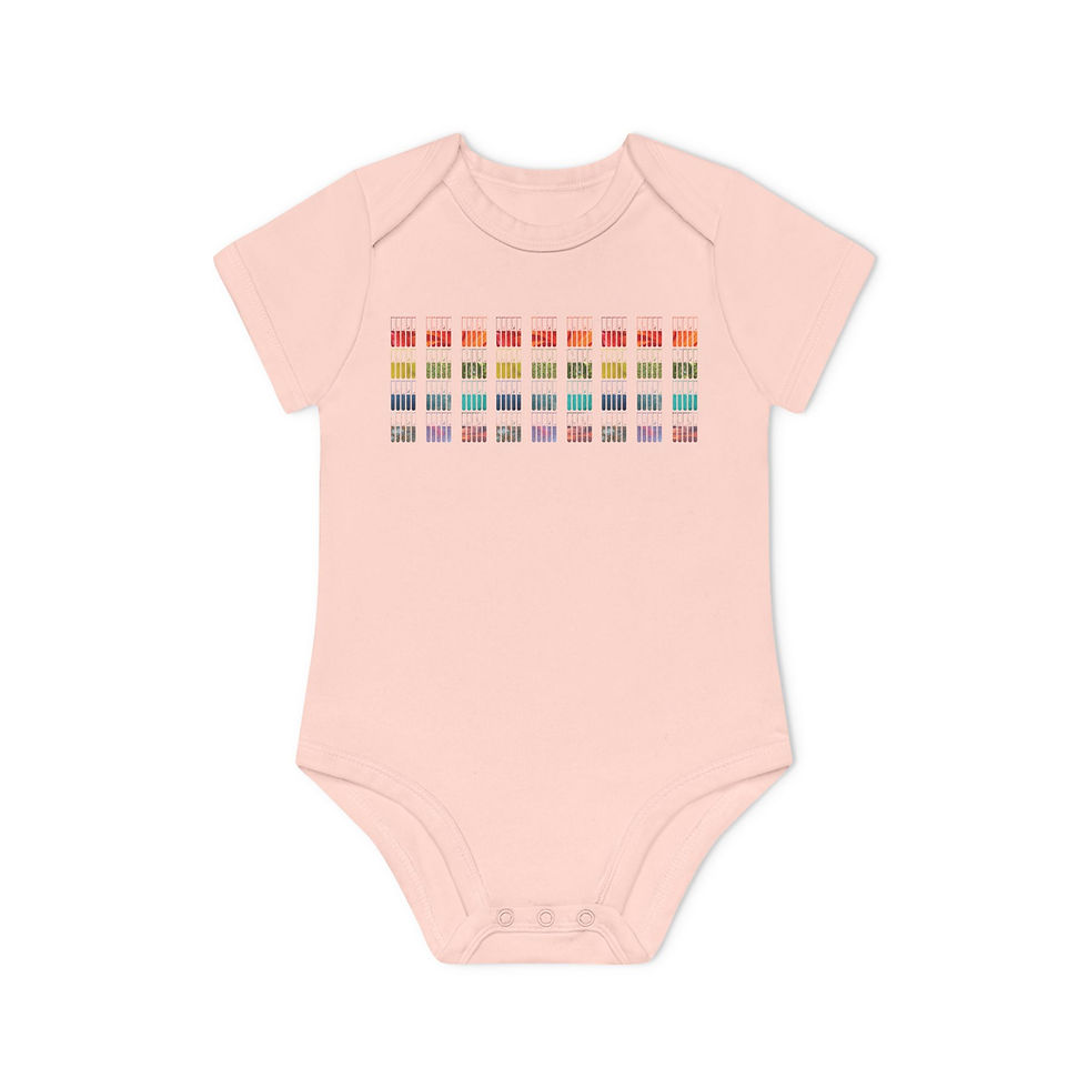 Thumbnail: organic cotton baby body suit with test tubes science graphic coloured by photos of nature