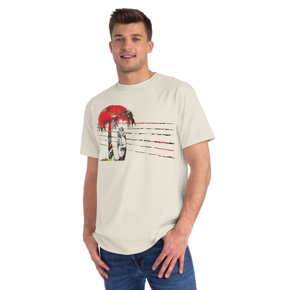 Thumbnail: organic cotton unisex adult t-shirt with tropical summer surfboard graphic coloured by a photo of nature