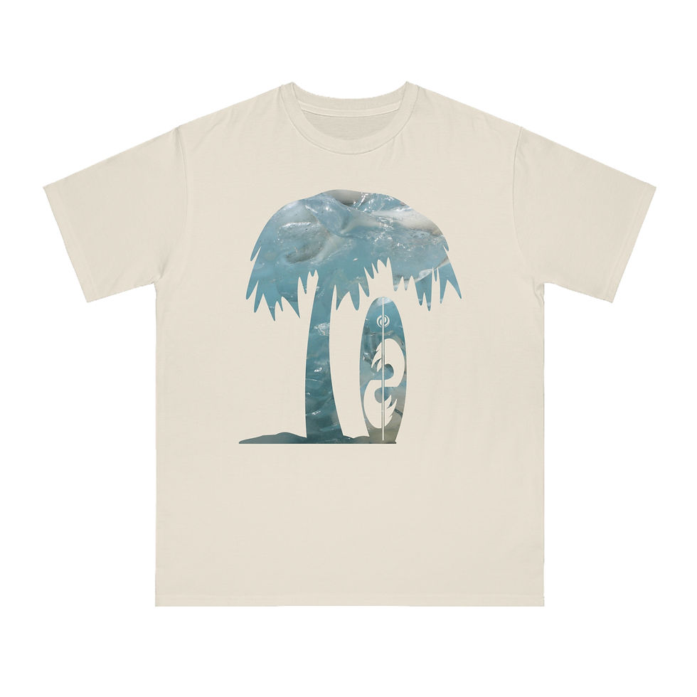 Thumbnail: organic cotton unisex adult t-shirt with tropical summer surfboard graphic coloured by a photo of nature