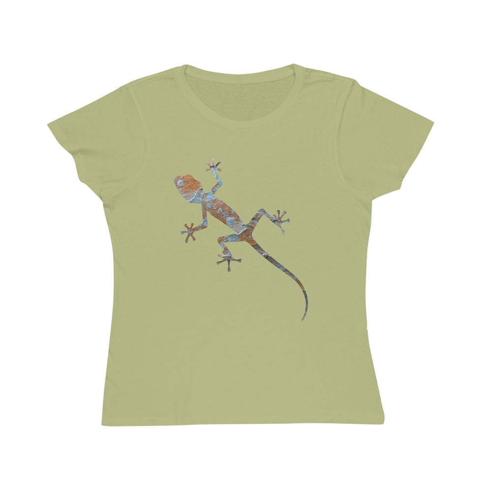 Thumbnail: organic cotton women's t-shirt with Nat-Ts' adorable gecko graphic coloured by a photo of nature