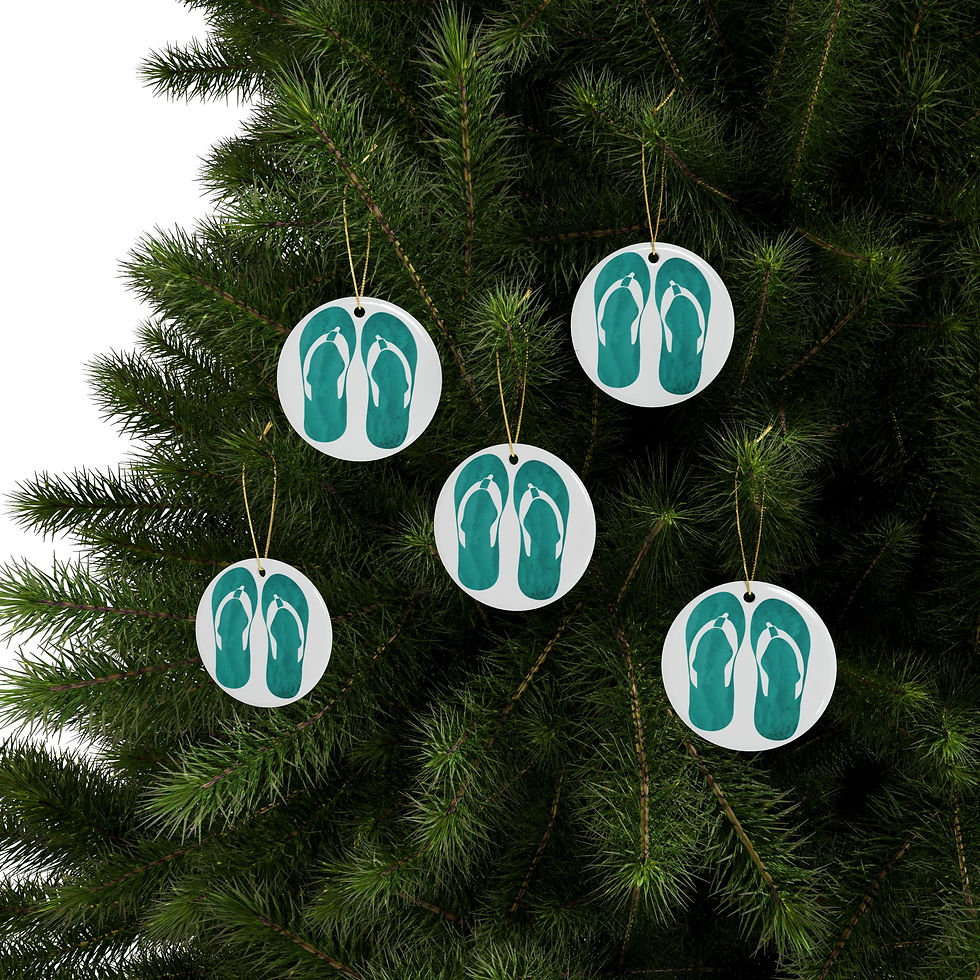 Thumbnail: eco-friendly ceramic hanging ornaments with a jandals kiwi summer graphic by Nat-Ts