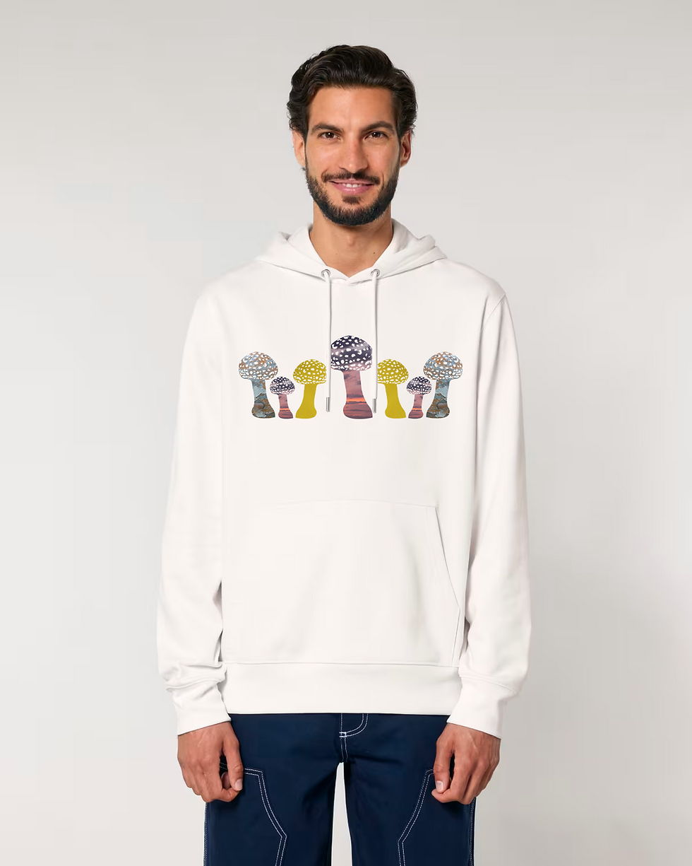 Thumbnail: Organic cotton adult hoodie with unique toadstool graphic coloured by photos of nature
