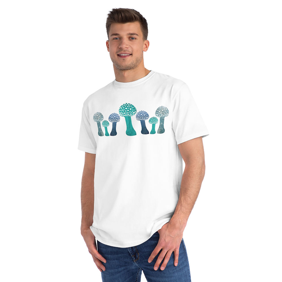 Thumbnail: organic cotton unisex adult t-shirt with vibrant toadstool design coloured by authentic photos of nature