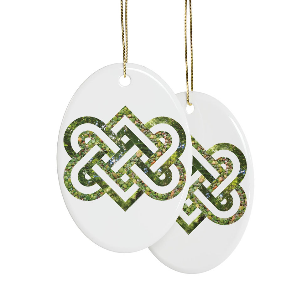 Thumbnail: eco-friendly ceramic hanging ornaments with a Celtic-inspired knot of entwined hearts, by Nat-Ts