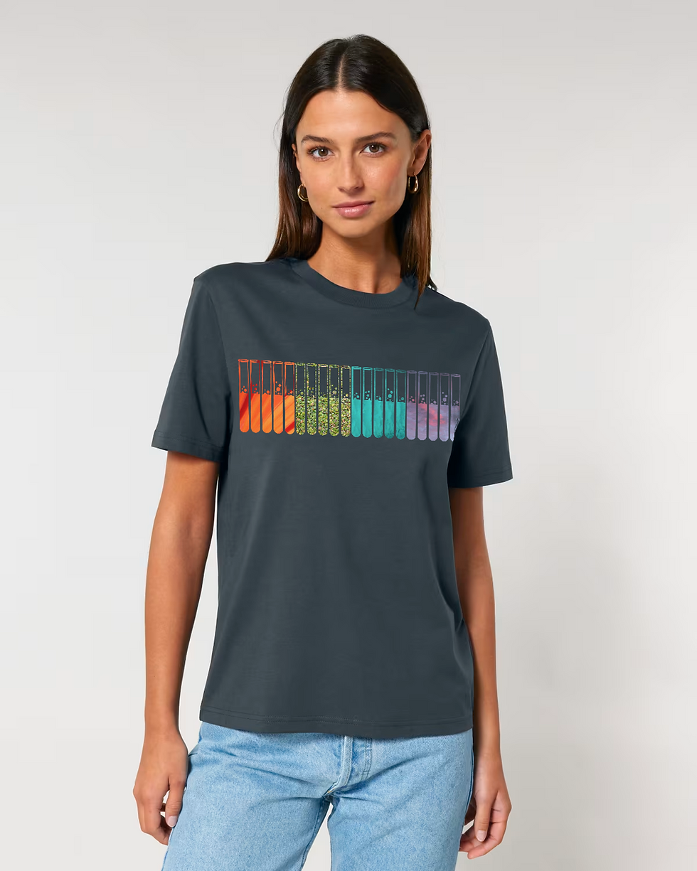 Thumbnail: Organic cotton adult t-shirt with test tubes science graphic coloured by photos of nature
