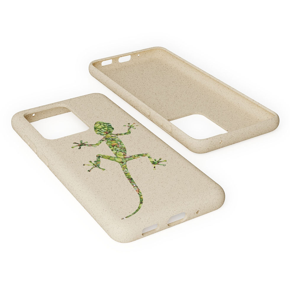 biodegradable plastic free phone case with a Nat-Ts gecko graphic coloured by a real photo of nature