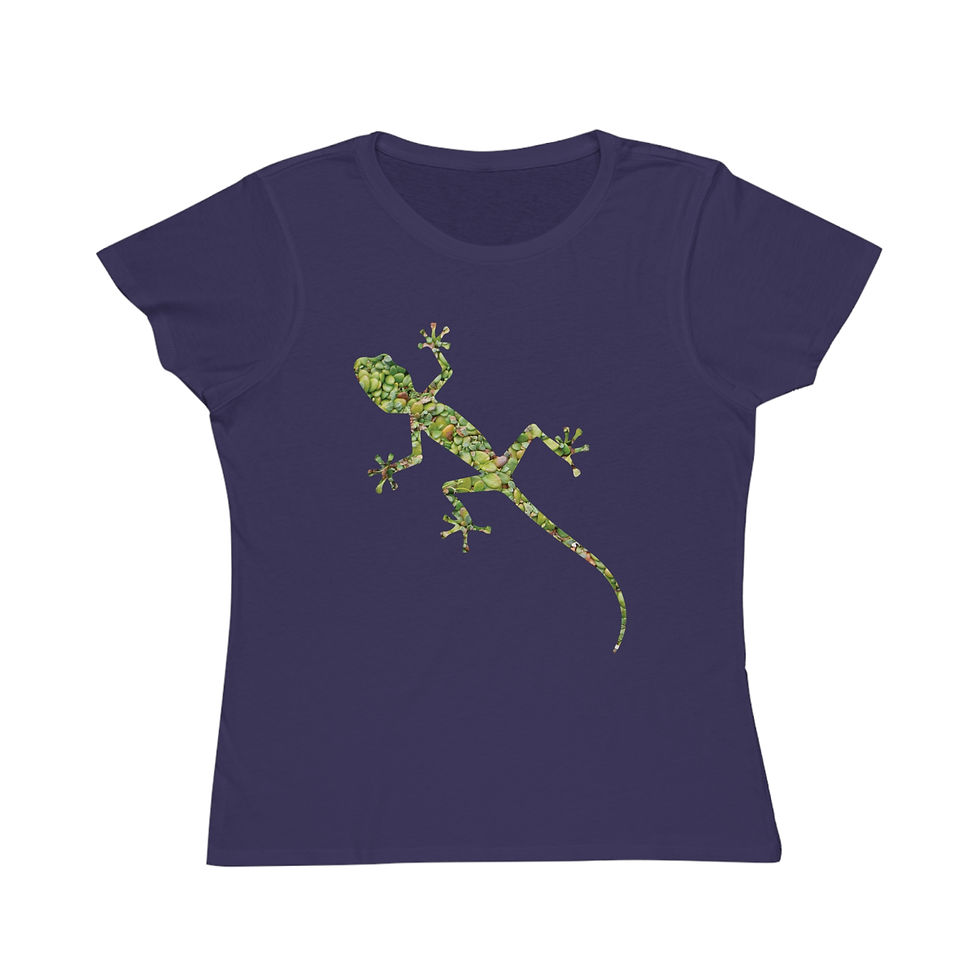 Thumbnail: organic cotton women's t-shirt with Nat-Ts' adorable gecko graphic coloured by a photo of nature