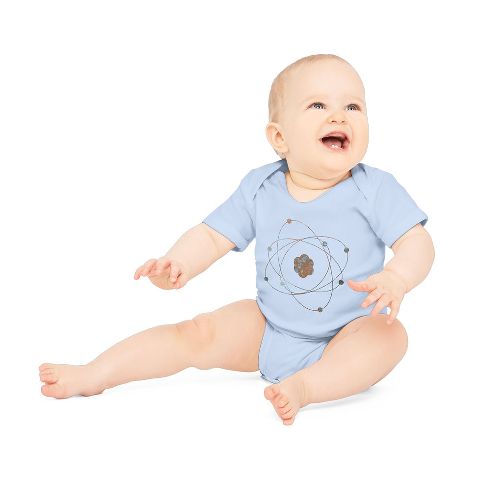 Thumbnail: organic cotton, super cute baby body suit with Atom particle science graphic designed by Nat-Ts