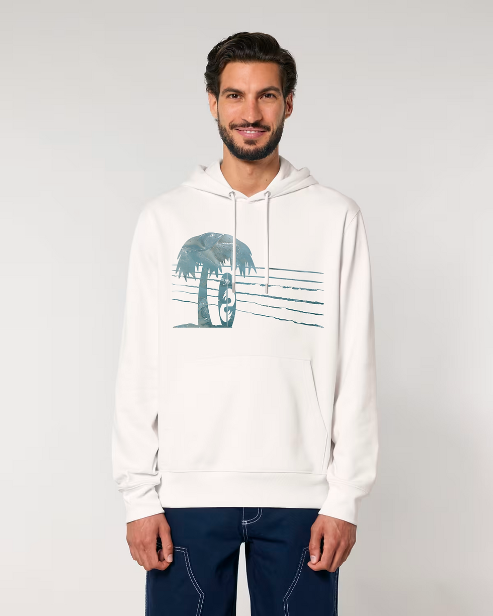 Thumbnail: Organic cotton adult hoodie with Surfboard & Palm Tree tropical summer graphic coloured by a photo of nature