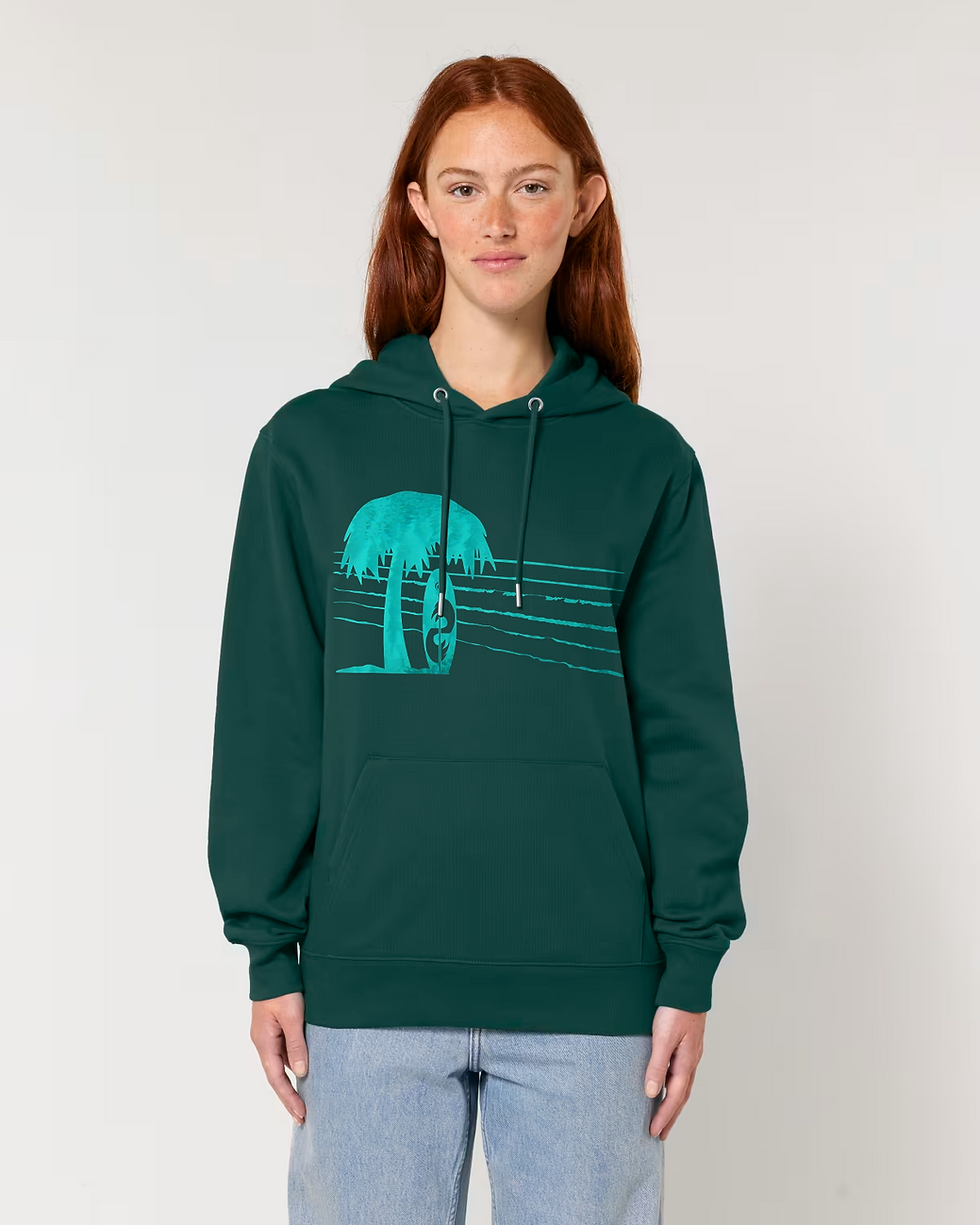 Thumbnail: Organic cotton adult hoodie with Surfboard & Palm Tree tropical summer graphic coloured by a photo of nature