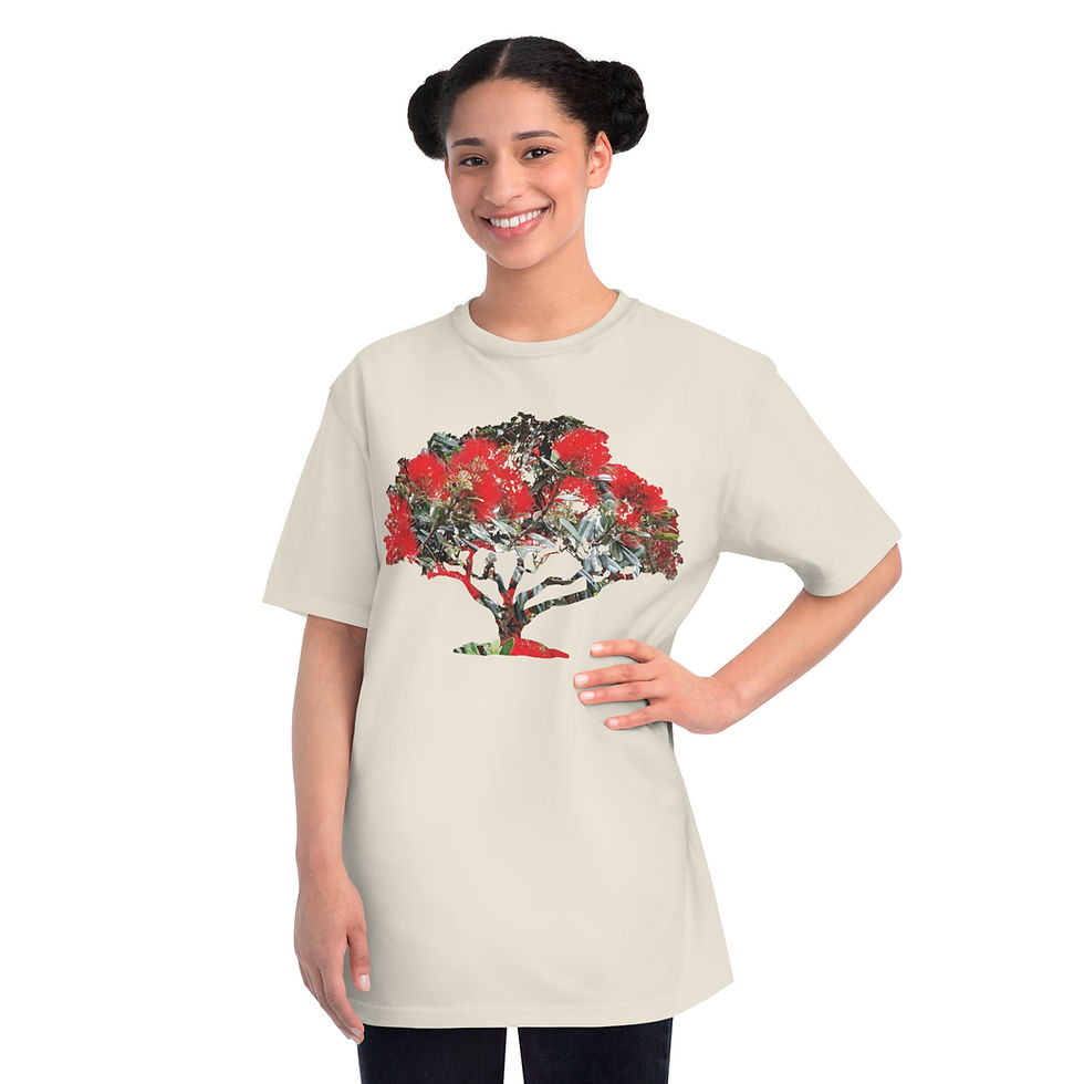 organic cotton adult t-shirt with unique pohutukawa tree graphic coloured by a photo of nature