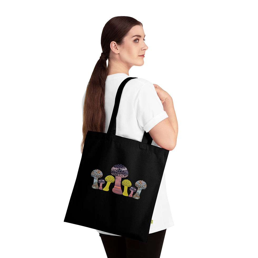 Thumbnail: organic cotton tote bag with vibrant toadstool graphic coloured by real photos of nature