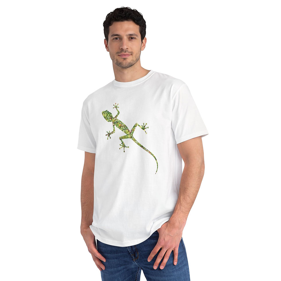 Thumbnail: organic cotton unisex adult t-shirt with adorable gecko graphic coloured by an unfiltered photo of nature