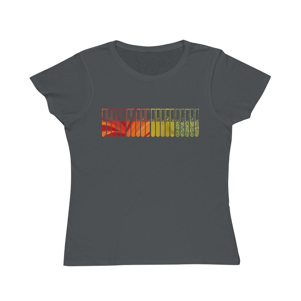 organic cotton women's t-shirt with unique test tubes science graphic coloured by photos of nature