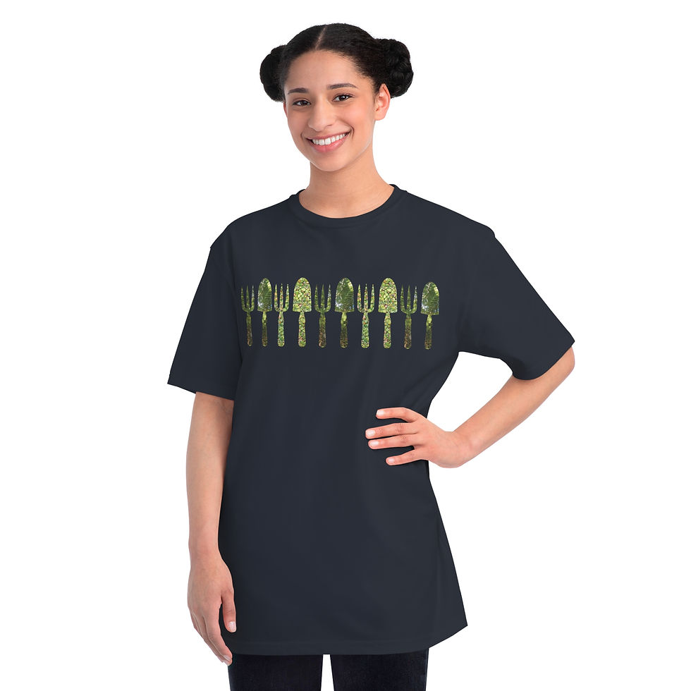 adult unisex organic cotton t shirt with gardening tools graphic by Nat-Ts