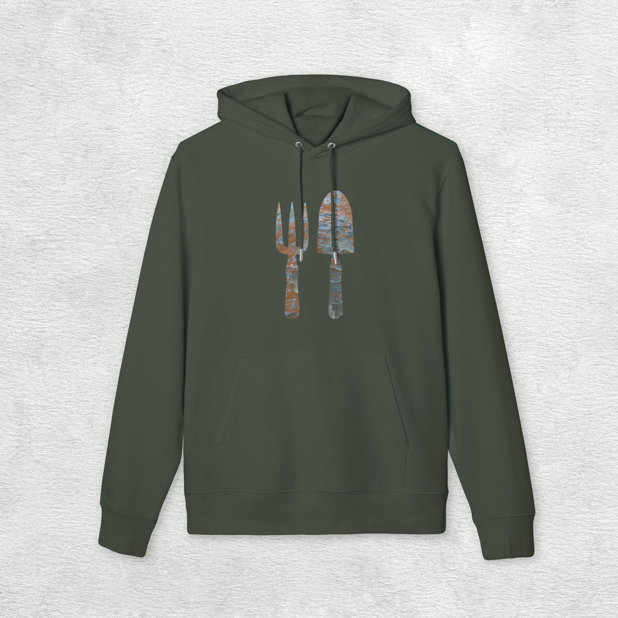 organic cotton adult hoodie with unique gardening tool graphic by Nat-Ts