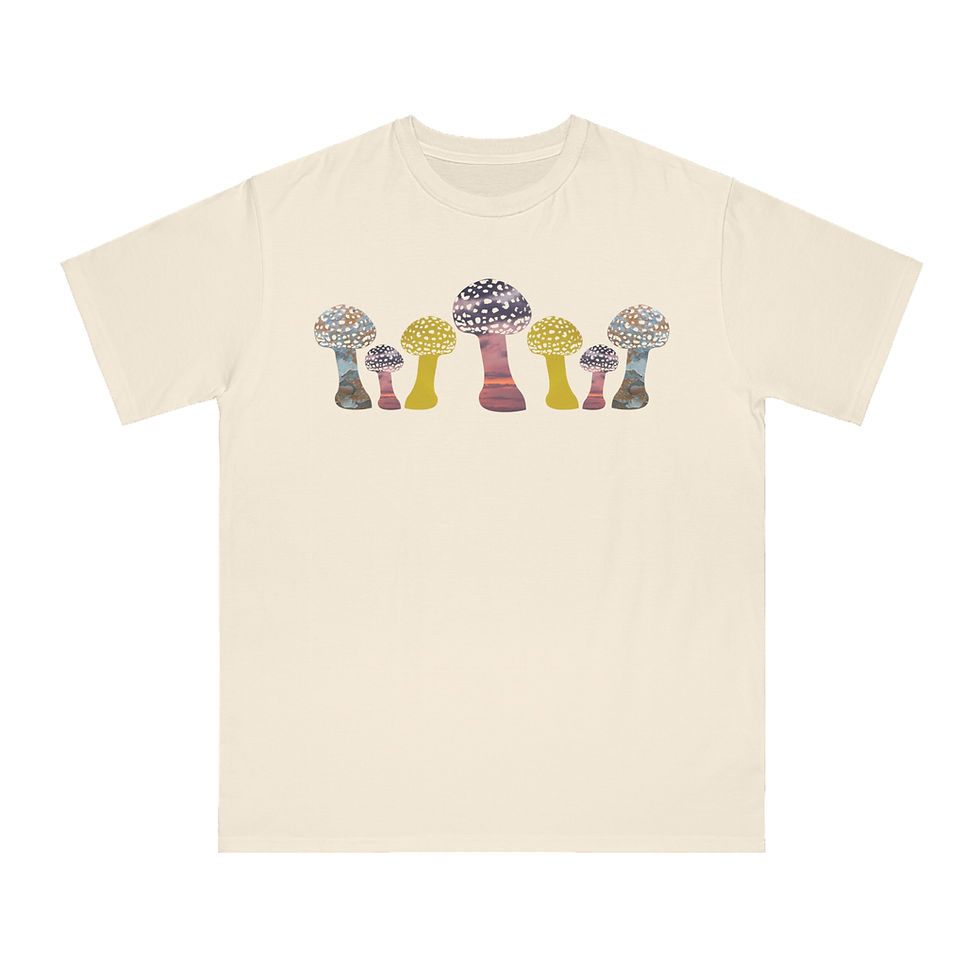 Thumbnail: organic cotton unisex adult t-shirt with vibrant toadstool design coloured by authentic photos of nature