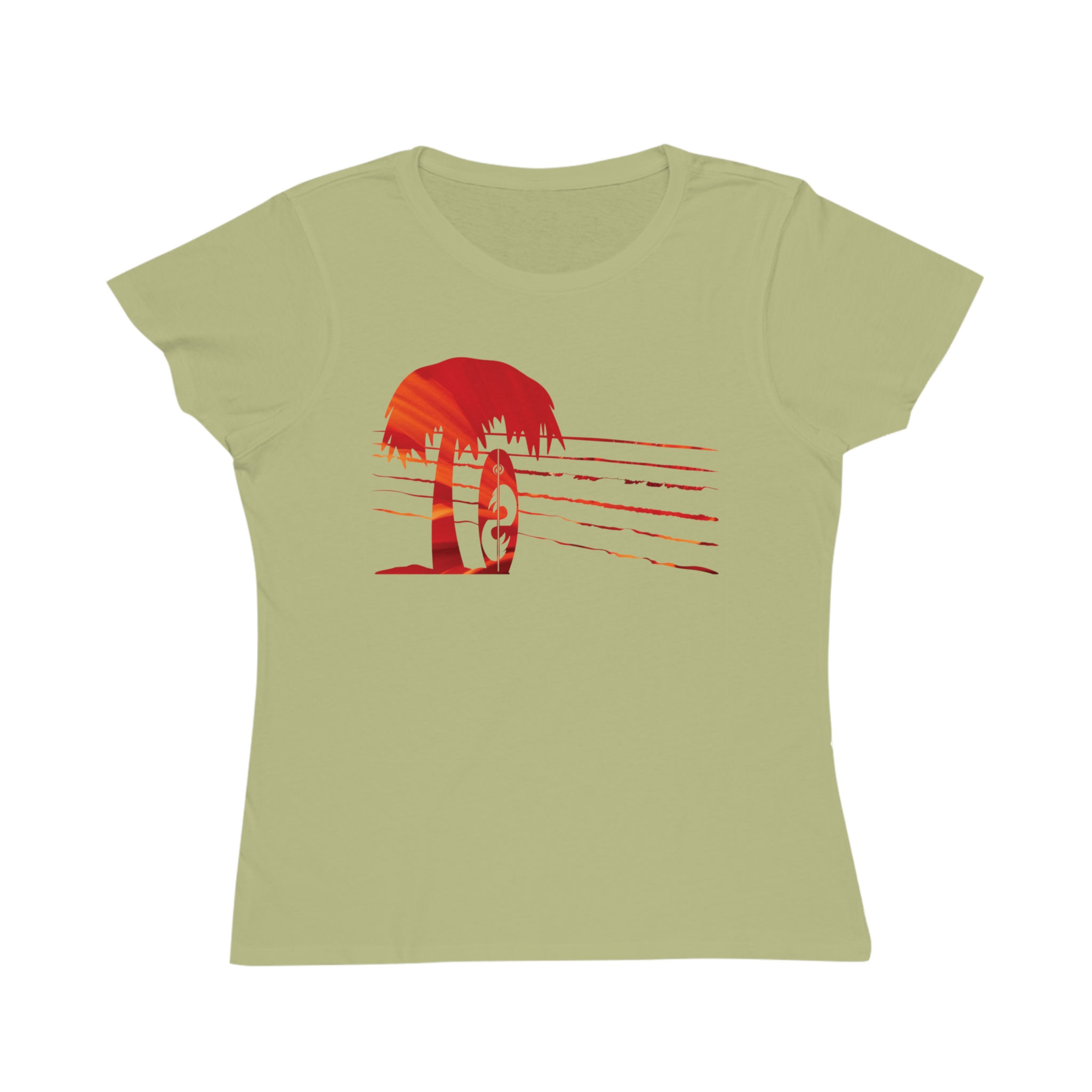 organic cotton women's t-shirt with tropical summer surfboard graphic coloured by a photo of nature