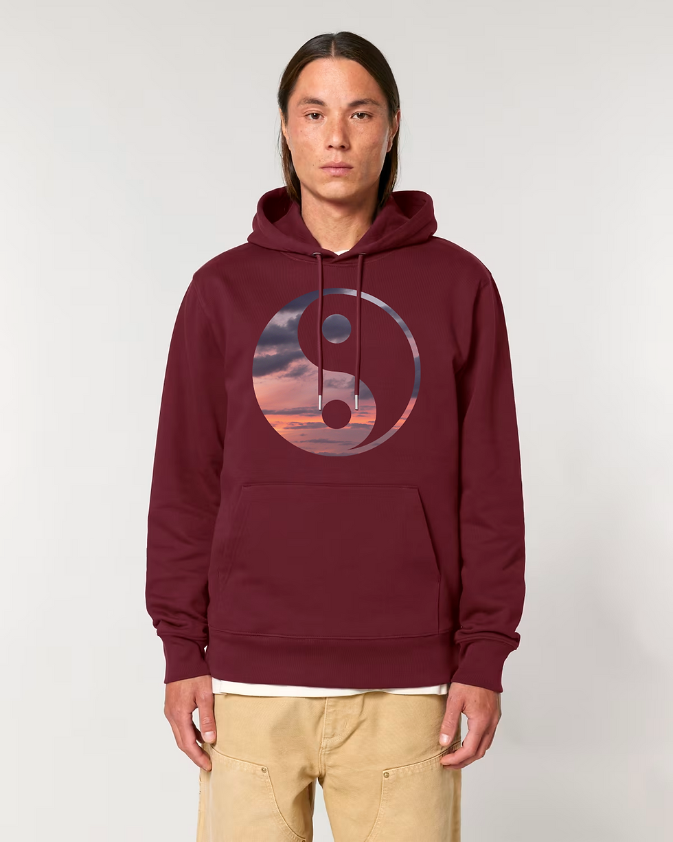 Thumbnail: organic cotton adult hoodie with Yin Yang graphic coloured by a photo of nature