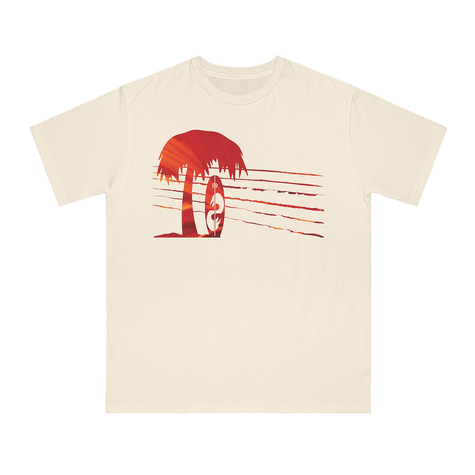 Thumbnail: organic cotton unisex adult t-shirt with tropical summer surfboard graphic coloured by a photo of nature