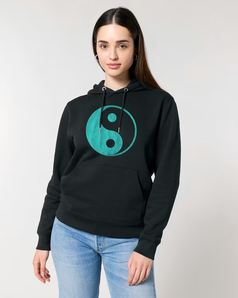 Thumbnail: organic cotton adult hoodie with Yin Yang graphic coloured by a photo of nature
