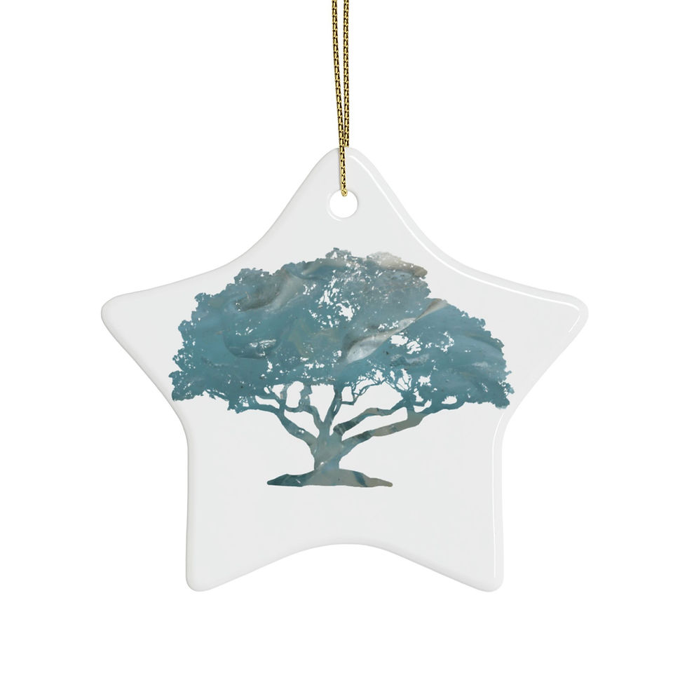 Thumbnail: eco-friendly ceramic hanging ornaments with a tree graphic coloured by a photo of a glacier, by Nat-Ts