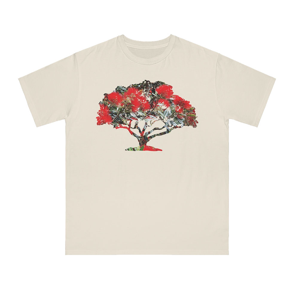 Thumbnail: organic cotton adult t-shirt with unique pohutukawa tree graphic coloured by a photo of nature