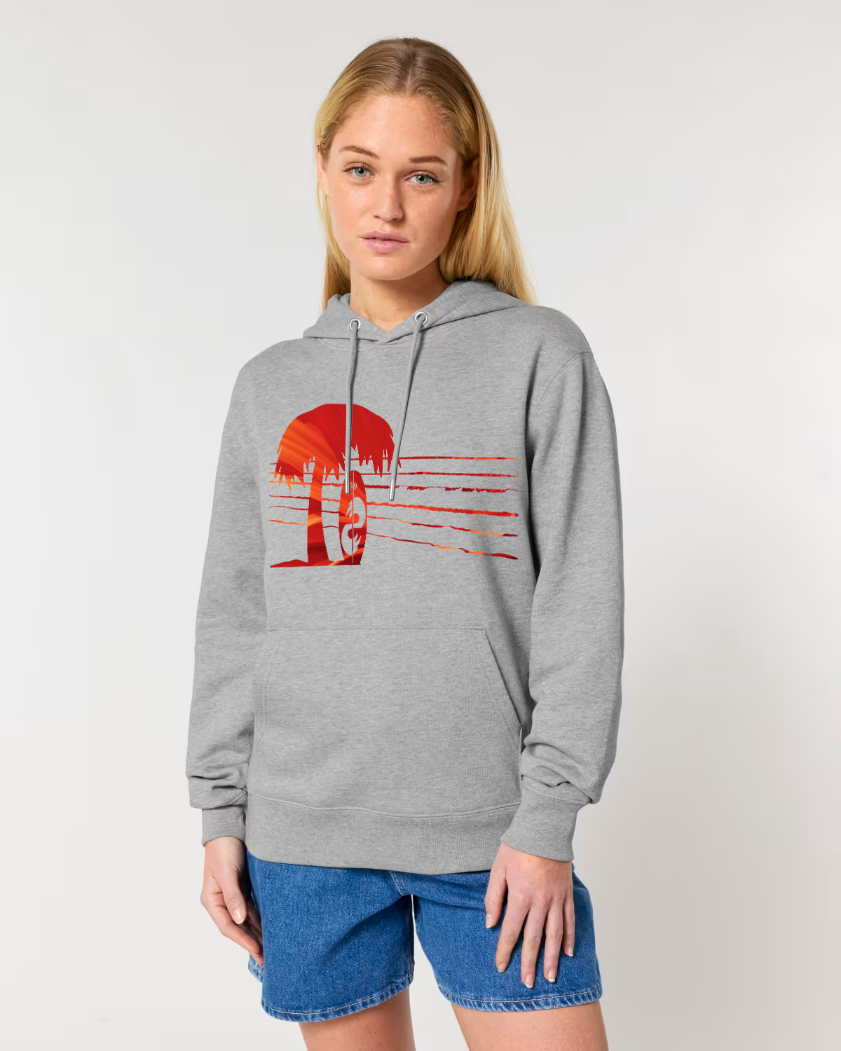 Organic cotton adult hoodie with Surfboard & Palm Tree tropical summer graphic coloured by a photo of nature