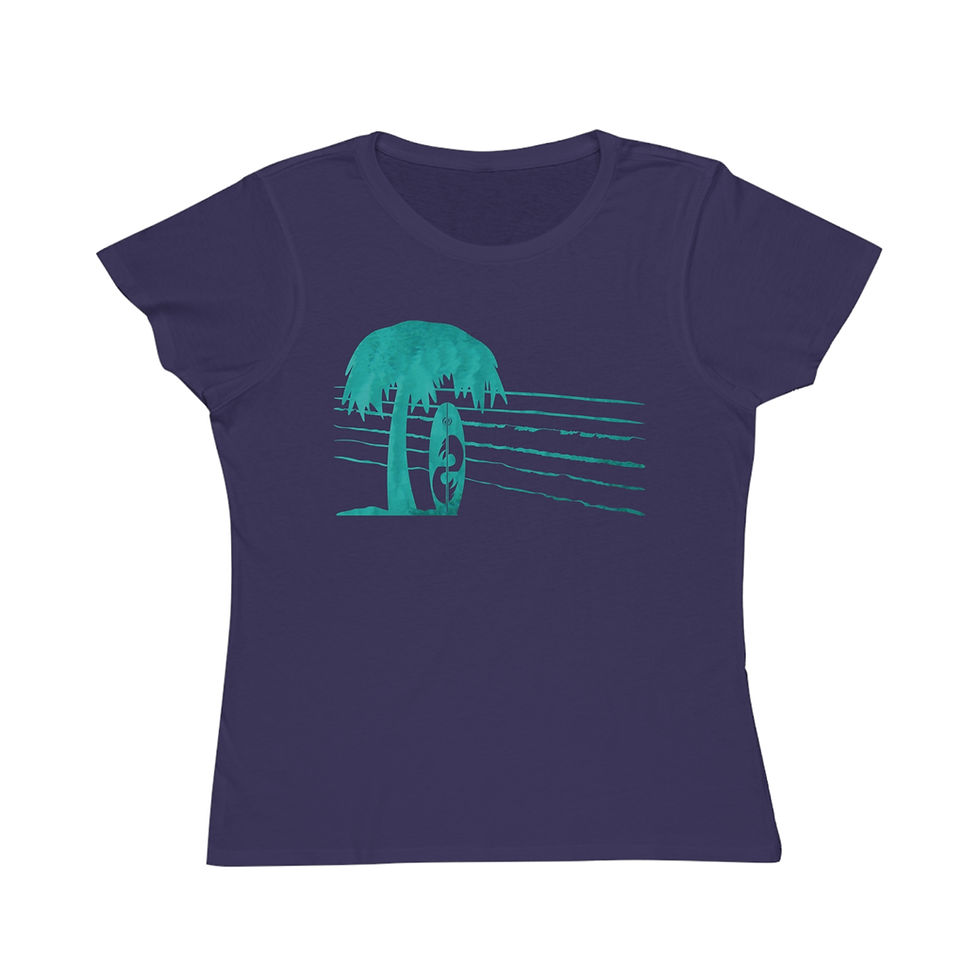 organic cotton women's t-shirt with tropical summer surfboard graphic coloured by a photo of nature
