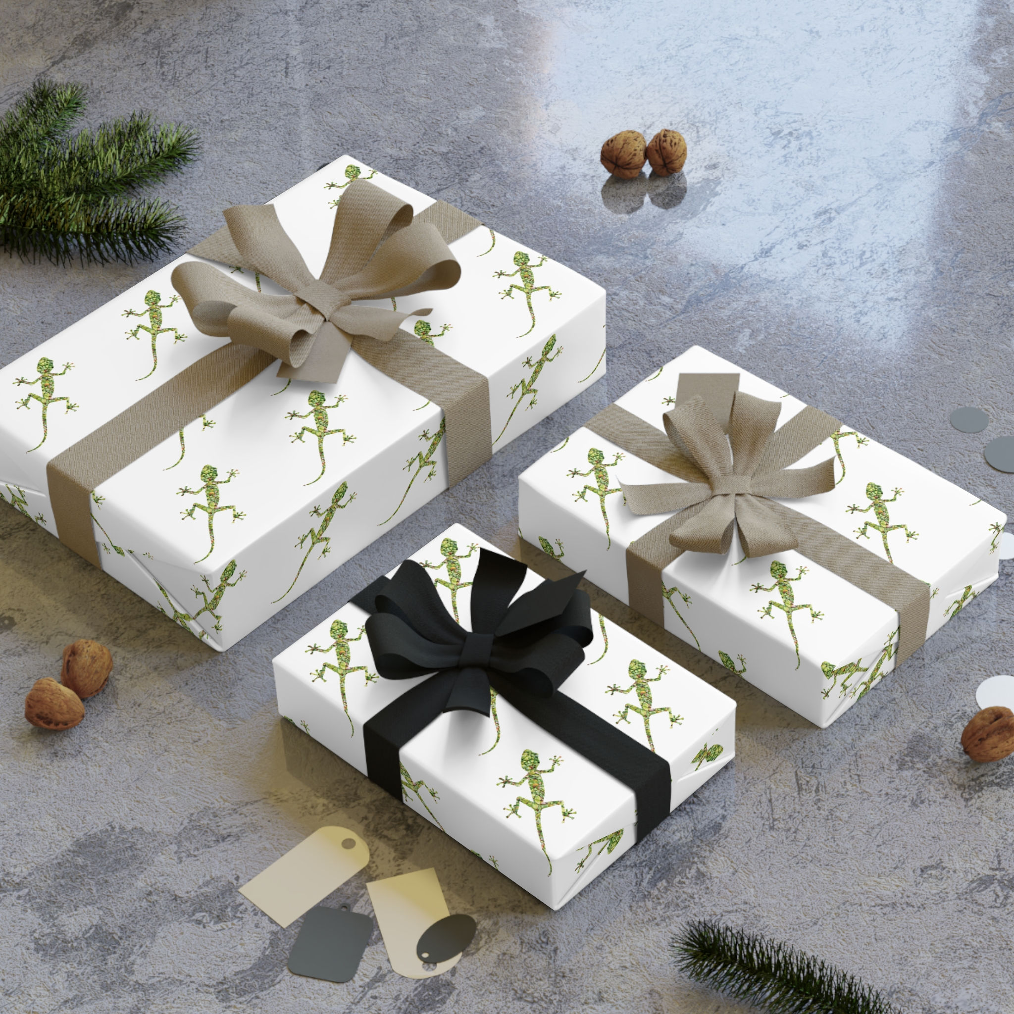 sustainably sourced premium gift wrap with Nat-Ts' adorable gecko graphic coloured by a real photo of nature