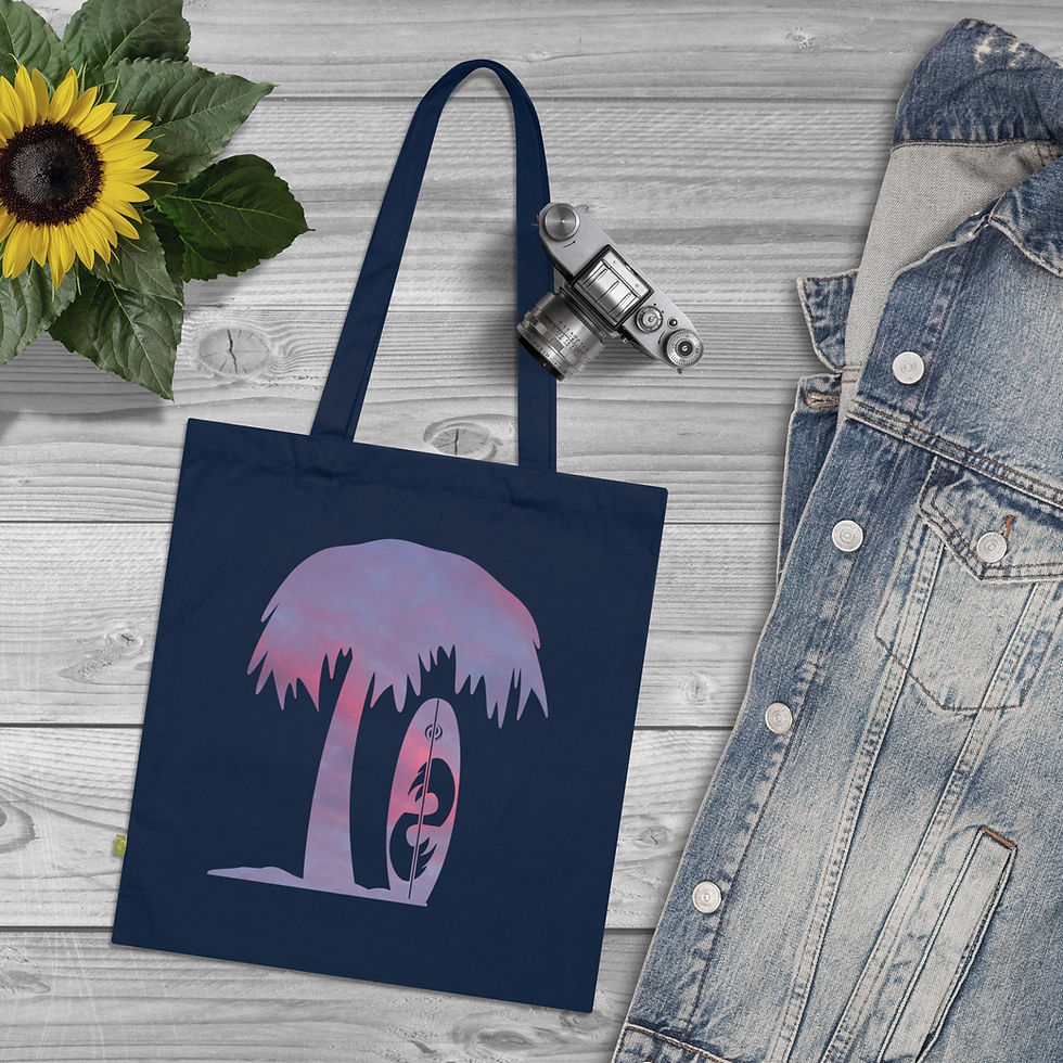 Thumbnail: organic cotton tote bag with vibrant surfboard & palm tree graphic coloured by a photo of nature