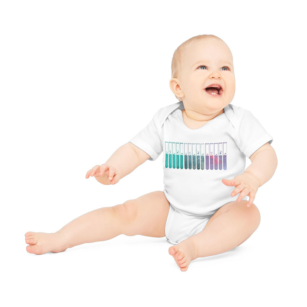 Thumbnail: organic cotton baby body suit with test tubes science graphic coloured by photos of nature