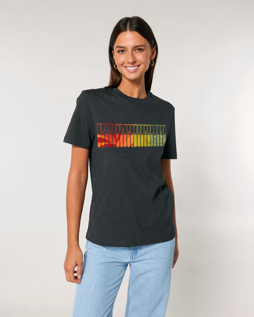 Thumbnail: Organic cotton adult t-shirt with test tubes science graphic coloured by photos of nature