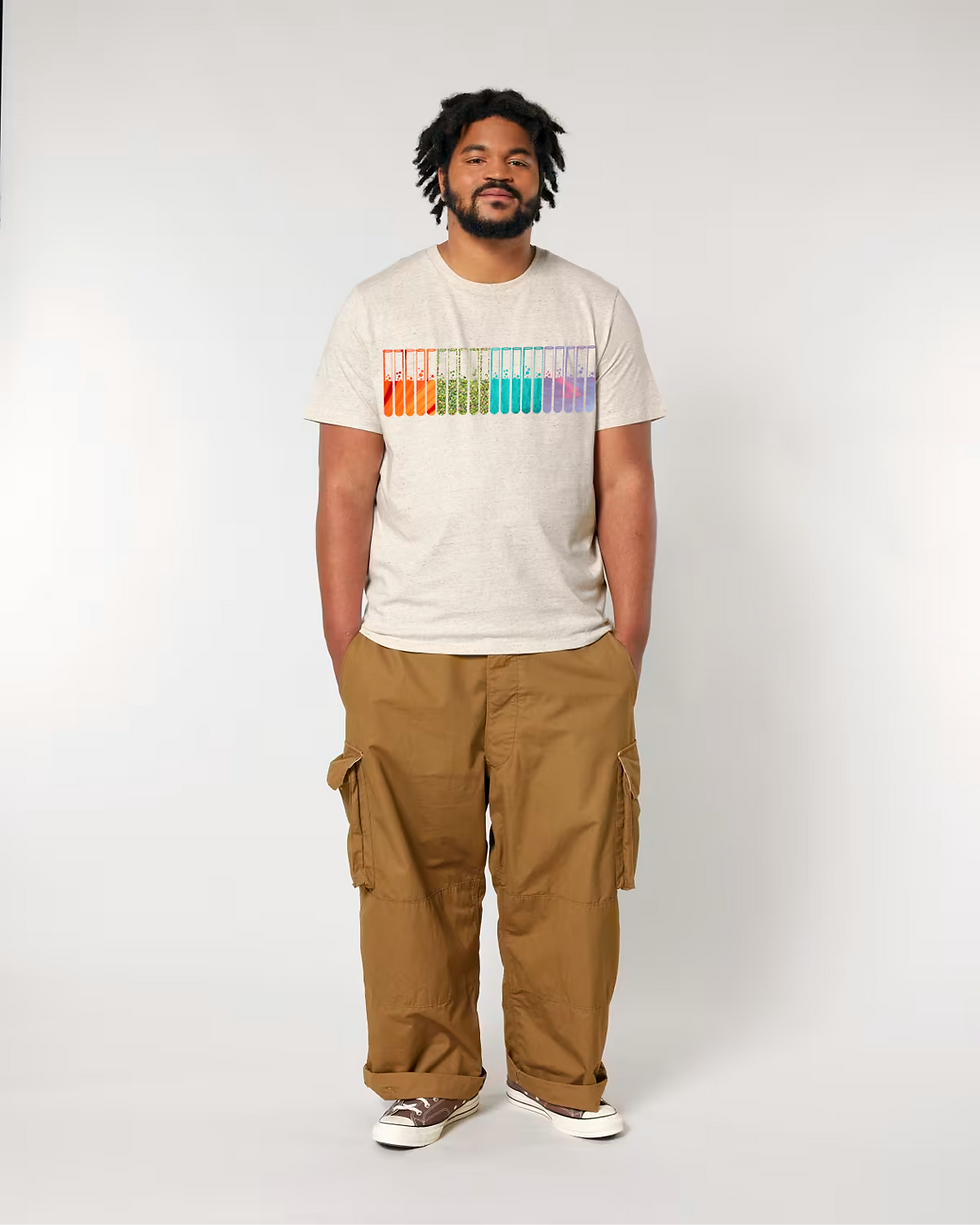 Thumbnail: Organic cotton adult t-shirt with test tubes science graphic coloured by photos of nature