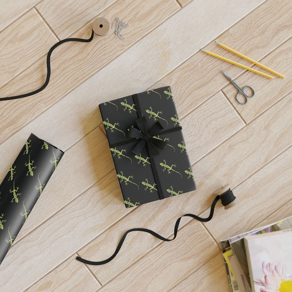 Thumbnail: sustainably sourced premium gift wrap with Nat-Ts' adorable gecko graphic coloured by a real photo of nature