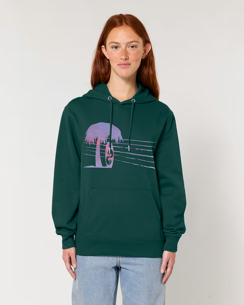 Thumbnail: Organic cotton adult hoodie with Surfboard & Palm Tree tropical summer graphic coloured by a photo of nature
