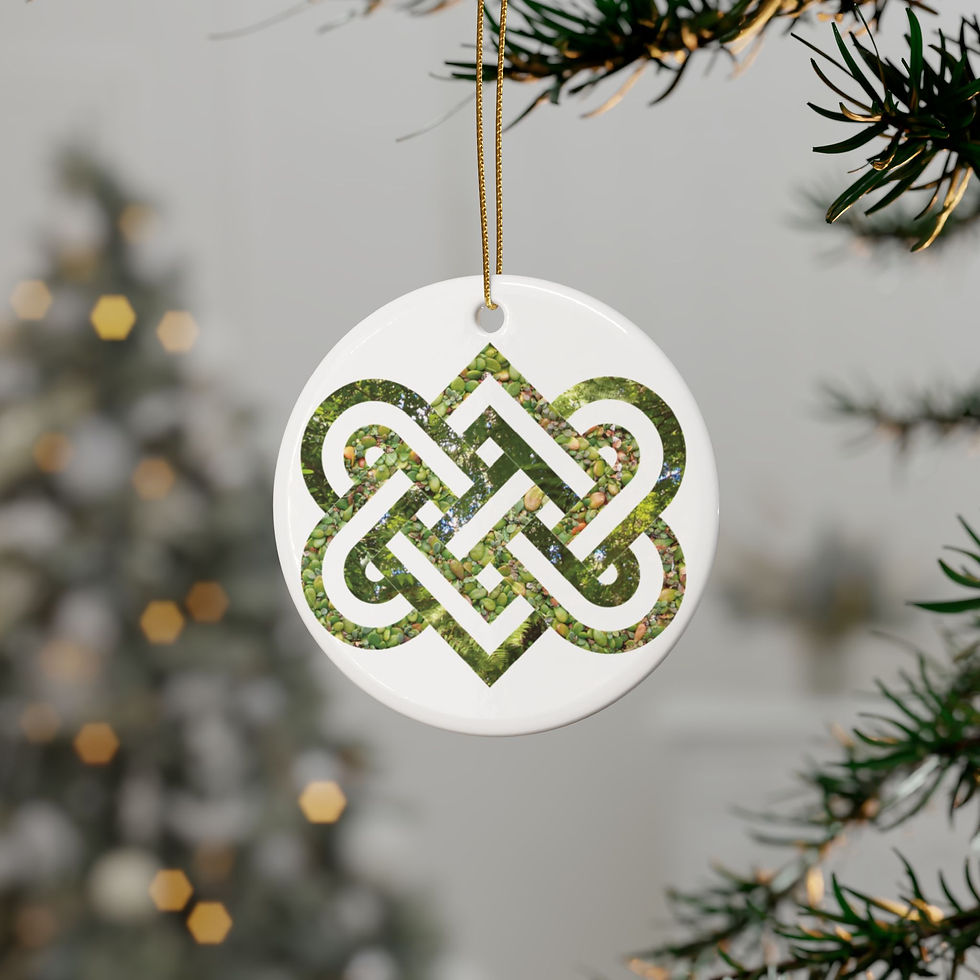 Thumbnail: eco-friendly ceramic hanging ornaments with a Celtic-inspired knot of entwined hearts, by Nat-Ts