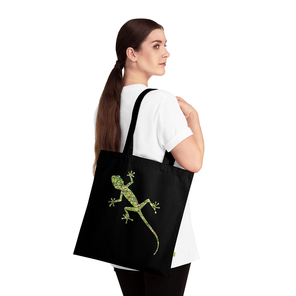 Thumbnail: organic cotton tote bag with gorgeous gecko graphic coloured by a real photo of nature