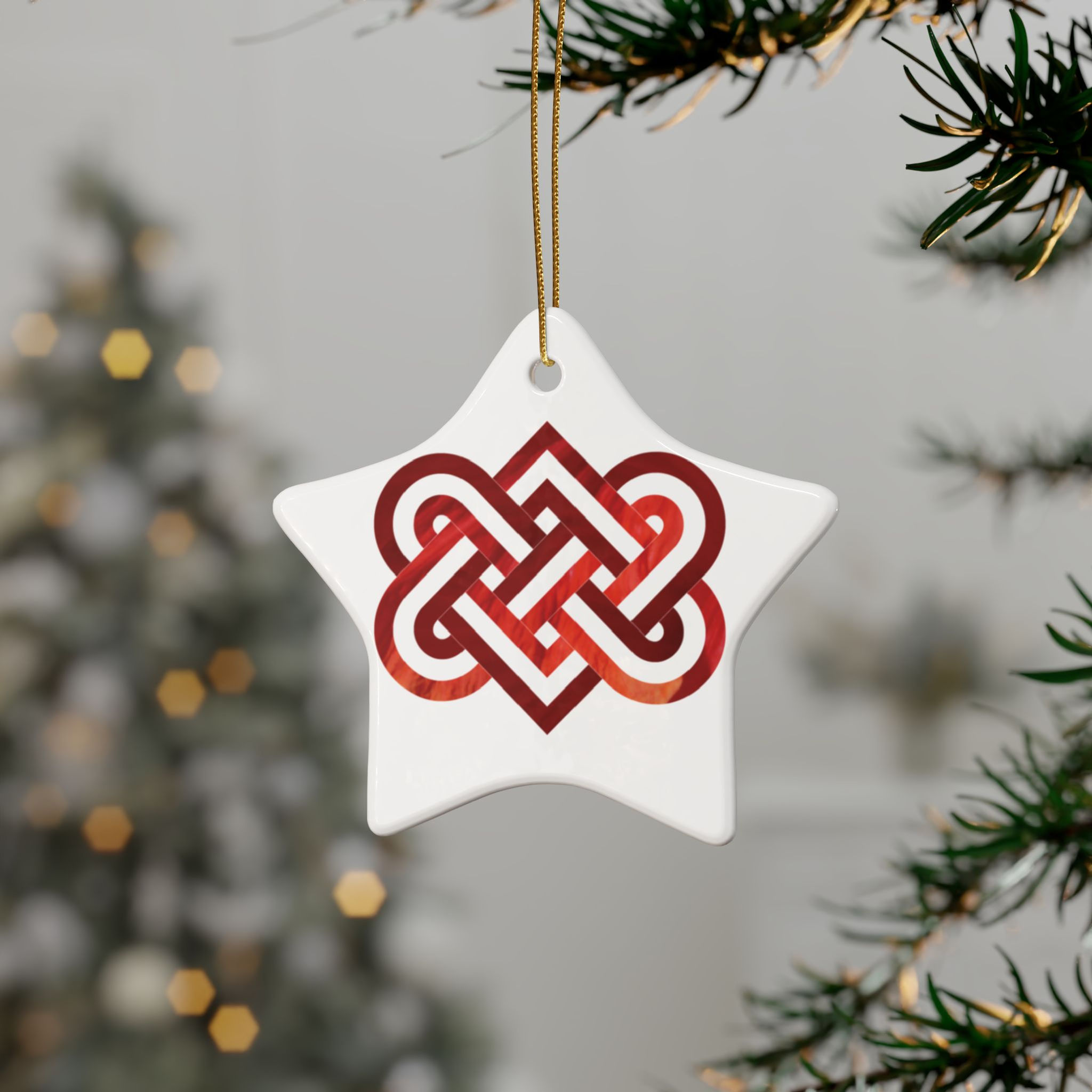 eco-friendly ceramic hanging ornaments with a Celtic-inspired knot of entwined hearts, by Nat-Ts