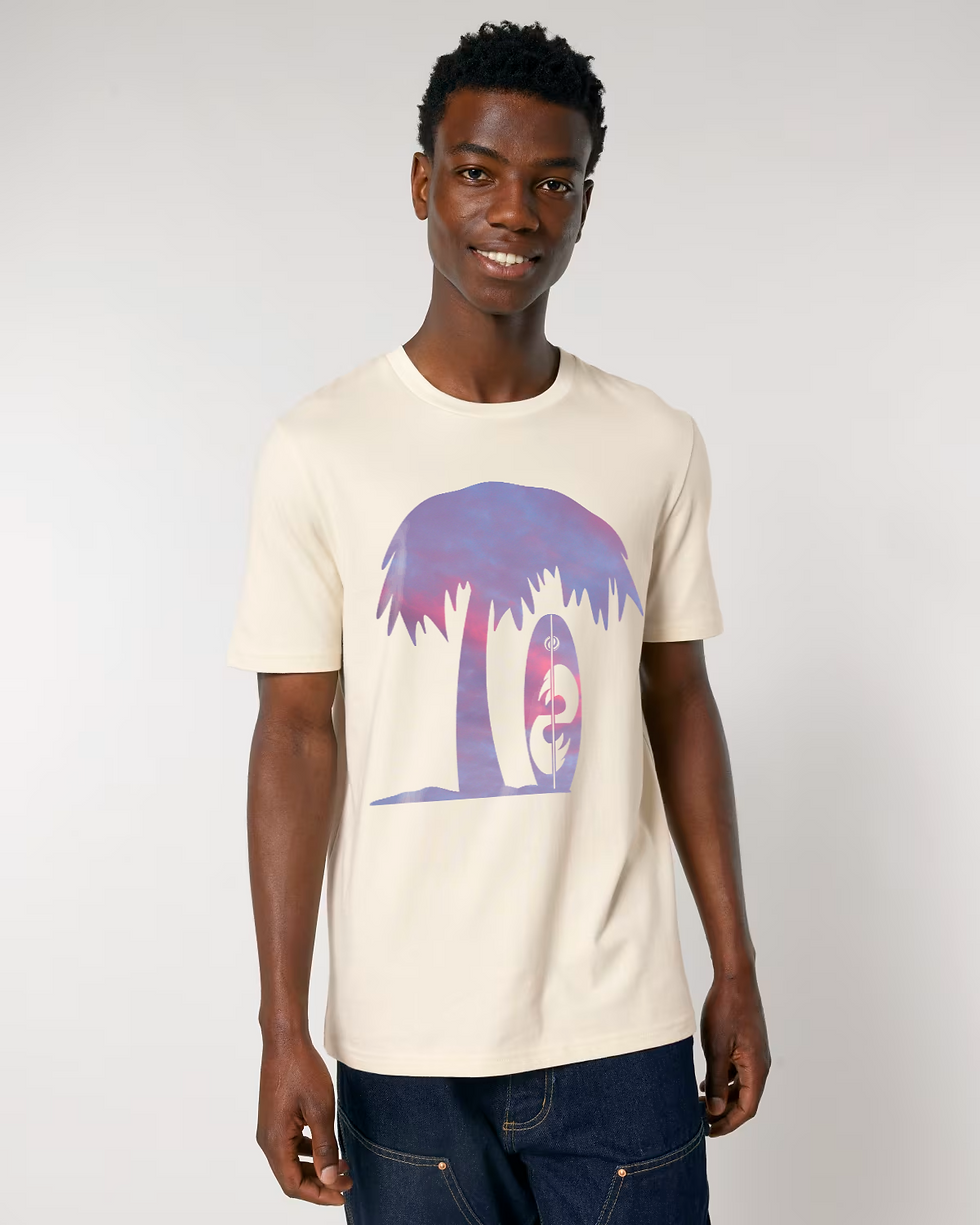 Thumbnail: Organic cotton adult t-shirt with surfboard & palm tree tropical summer graphics coloured by photos of nature