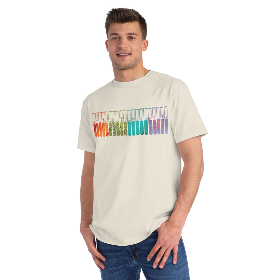 Thumbnail: organic cotton adult unisex t-shirt with original test tubes graphic coloured by photos of nature