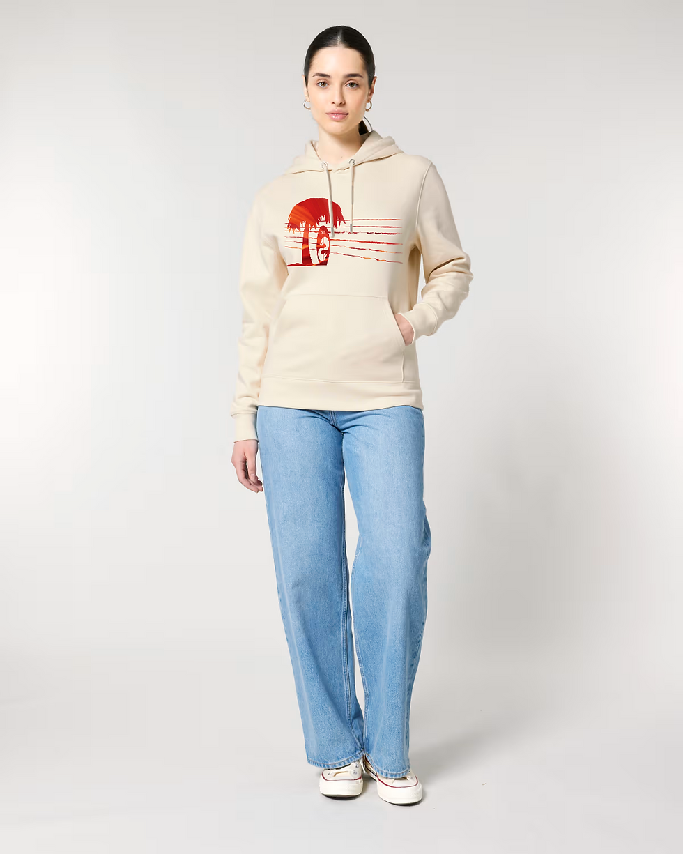 Thumbnail: Organic cotton adult hoodie with Surfboard & Palm Tree tropical summer graphic coloured by a photo of nature