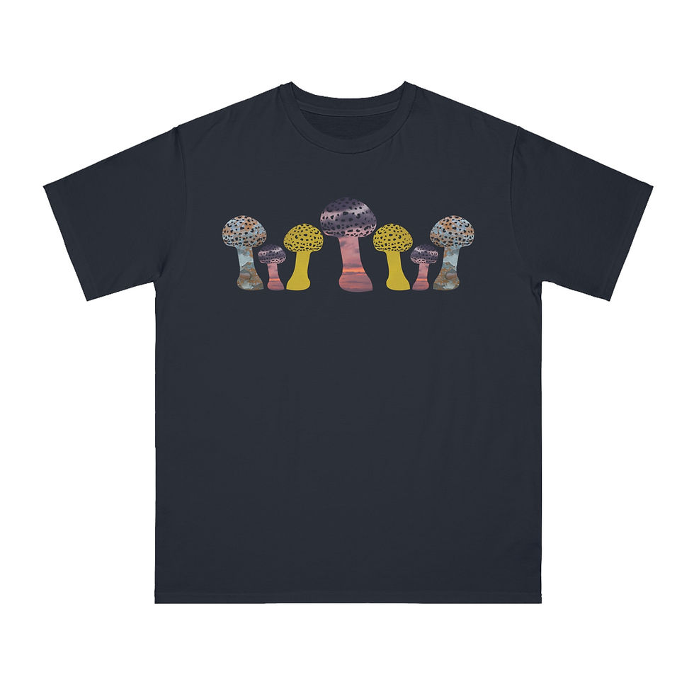 Thumbnail: organic cotton unisex adult t-shirt with vibrant toadstool design coloured by authentic photos of nature
