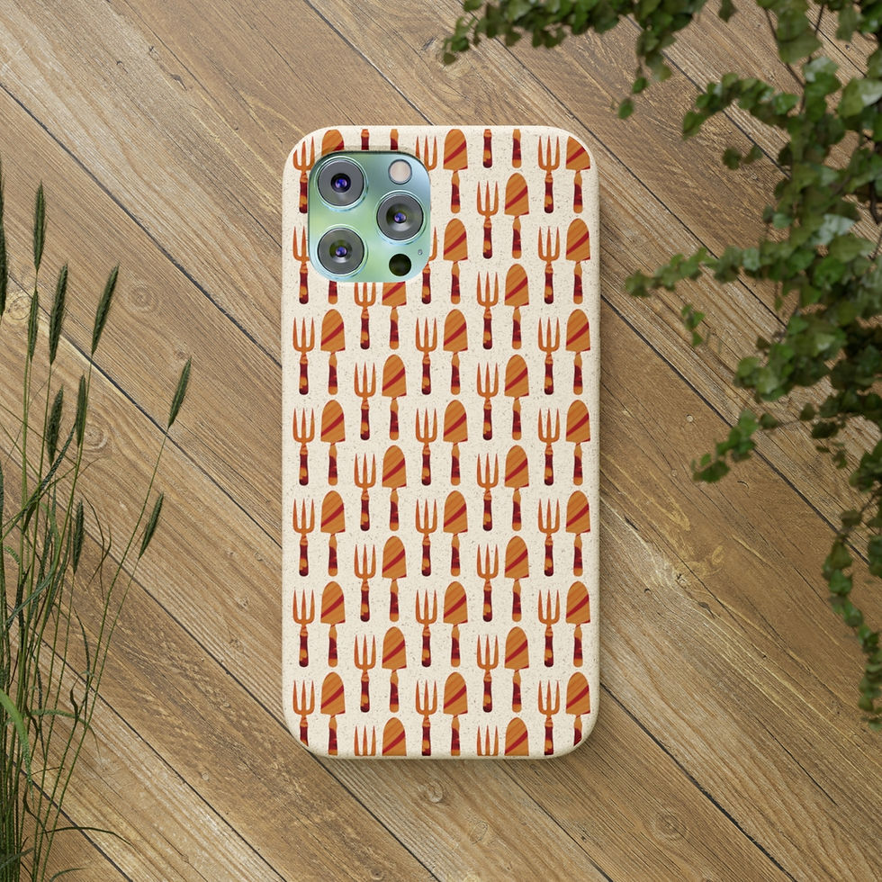 biodegradable plastic free phone case with gardening tools graphic by Nat-Ts