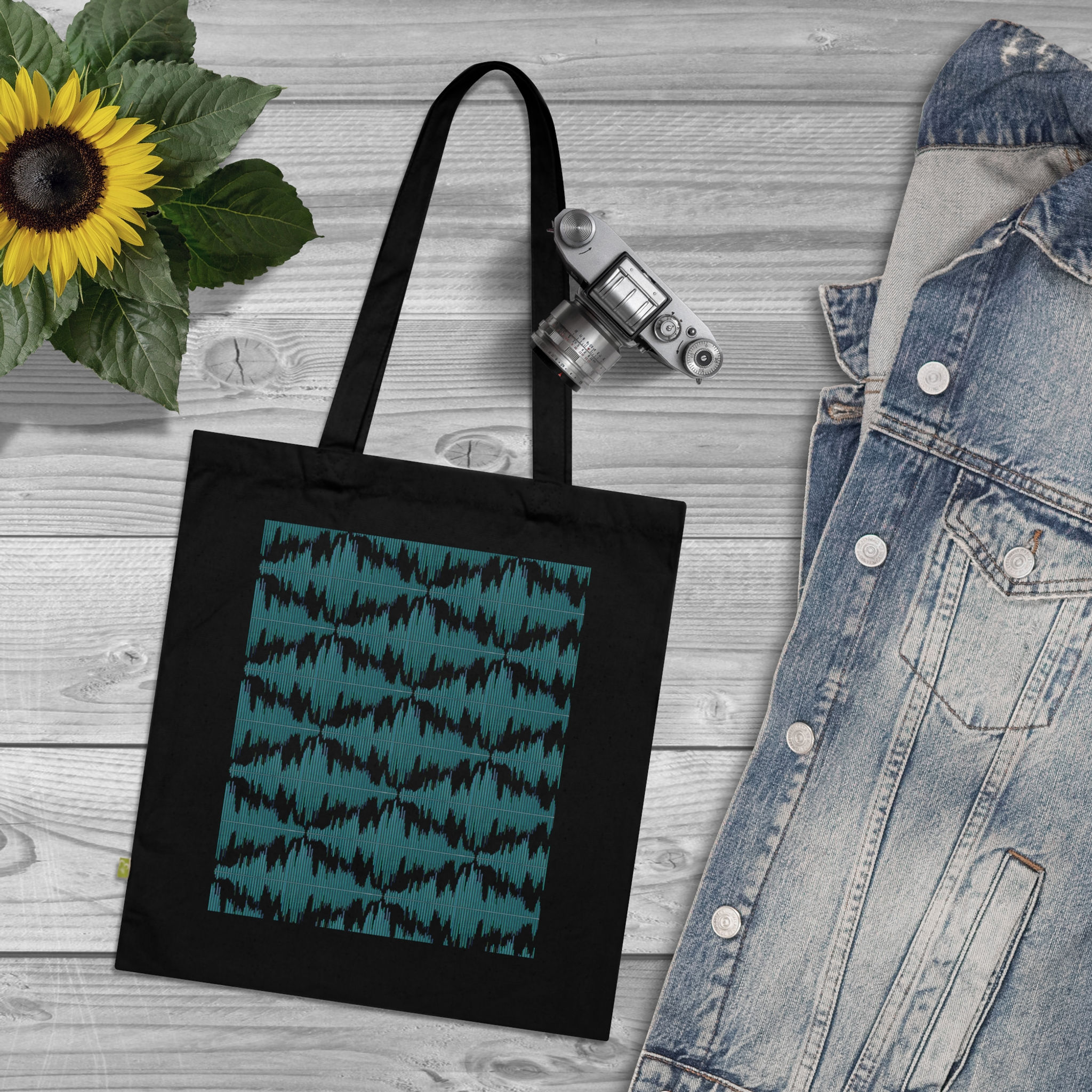 organic cotton tote bag with soundwave music graphic coloured by real photos of nature
